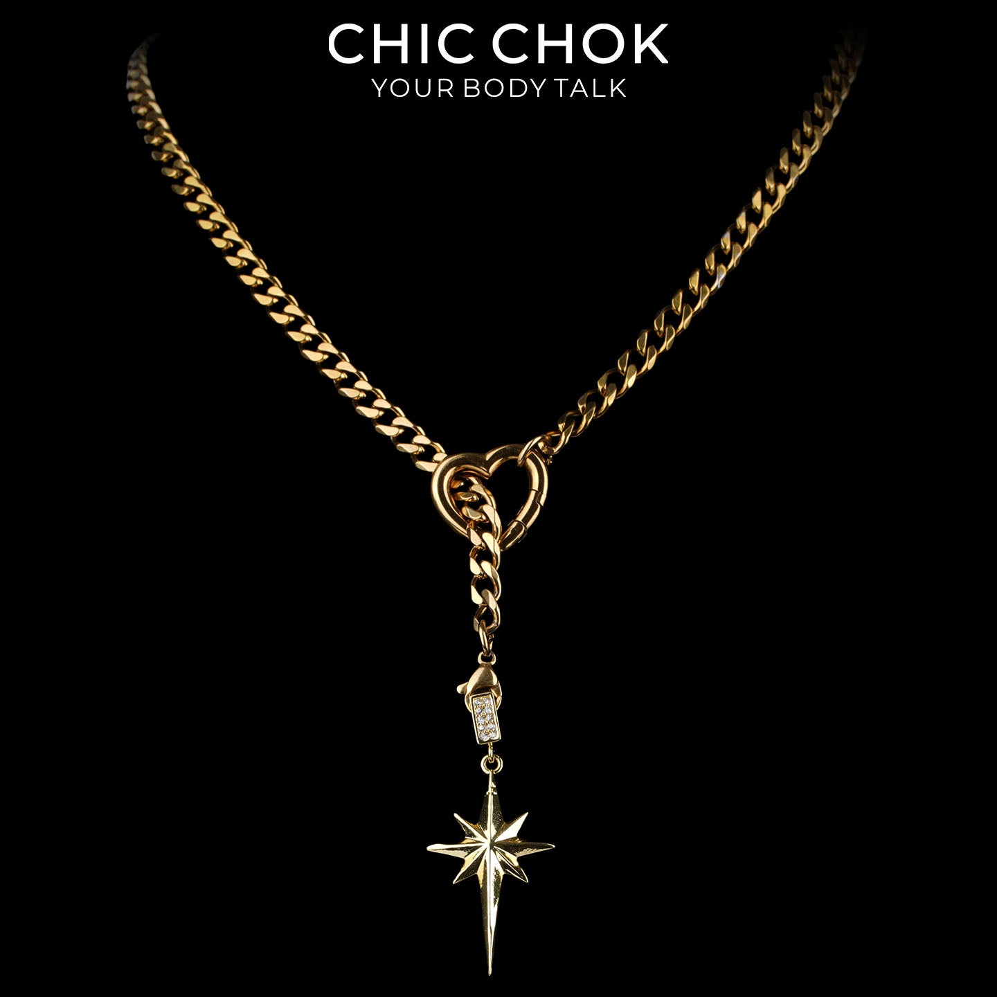Kalung Y-Lariat Bintang Emas CHICCHOK | Rantai Kuba Baja Tahan Karat Berlapis Emas 18K | Perhiasan Coquette Liontin Hati Emas Hancur Bertekstur Antik