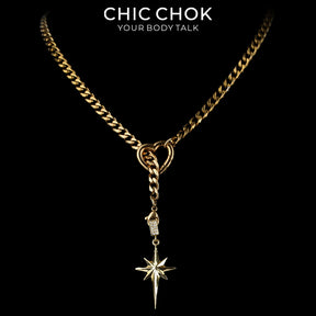 CHICCHOK Gilded Star Haven Y-Lariat Necklace | 18K Gold Plated Stainless Steel Cuban Chain | Vintage Textured Crushed Gold Heart Pendant Coquette Jewelry