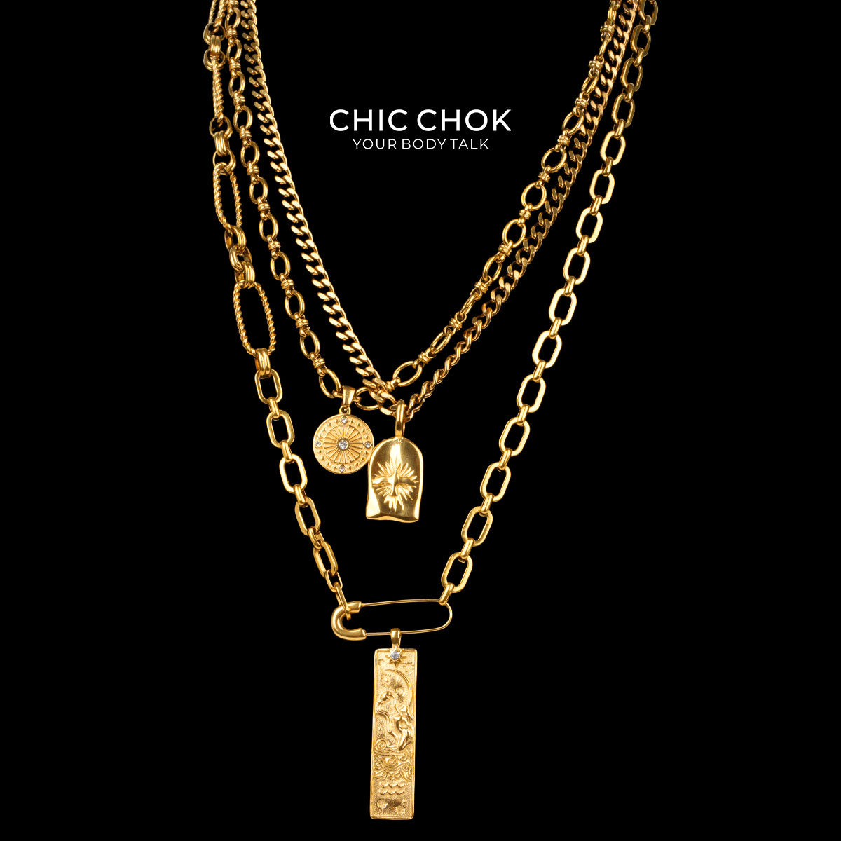 Collana a strati Capricorno con medaglia a stella e catena in oro CHICCHOK | Catena cubana vintage a 3 livelli | Tarocchi, moneta zodiacale e ciondolo a stella in rilievo, gioielli astrologici