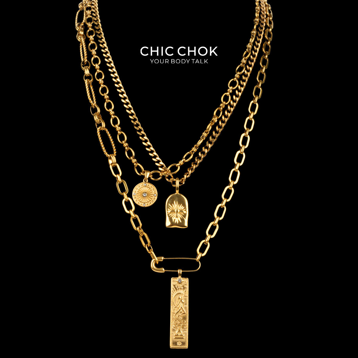 Collana a strati Capricorno con medaglia a stella e catena in oro CHICCHOK | Catena cubana vintage a 3 livelli | Tarocchi, moneta zodiacale e ciondolo a stella in rilievo, gioielli astrologici