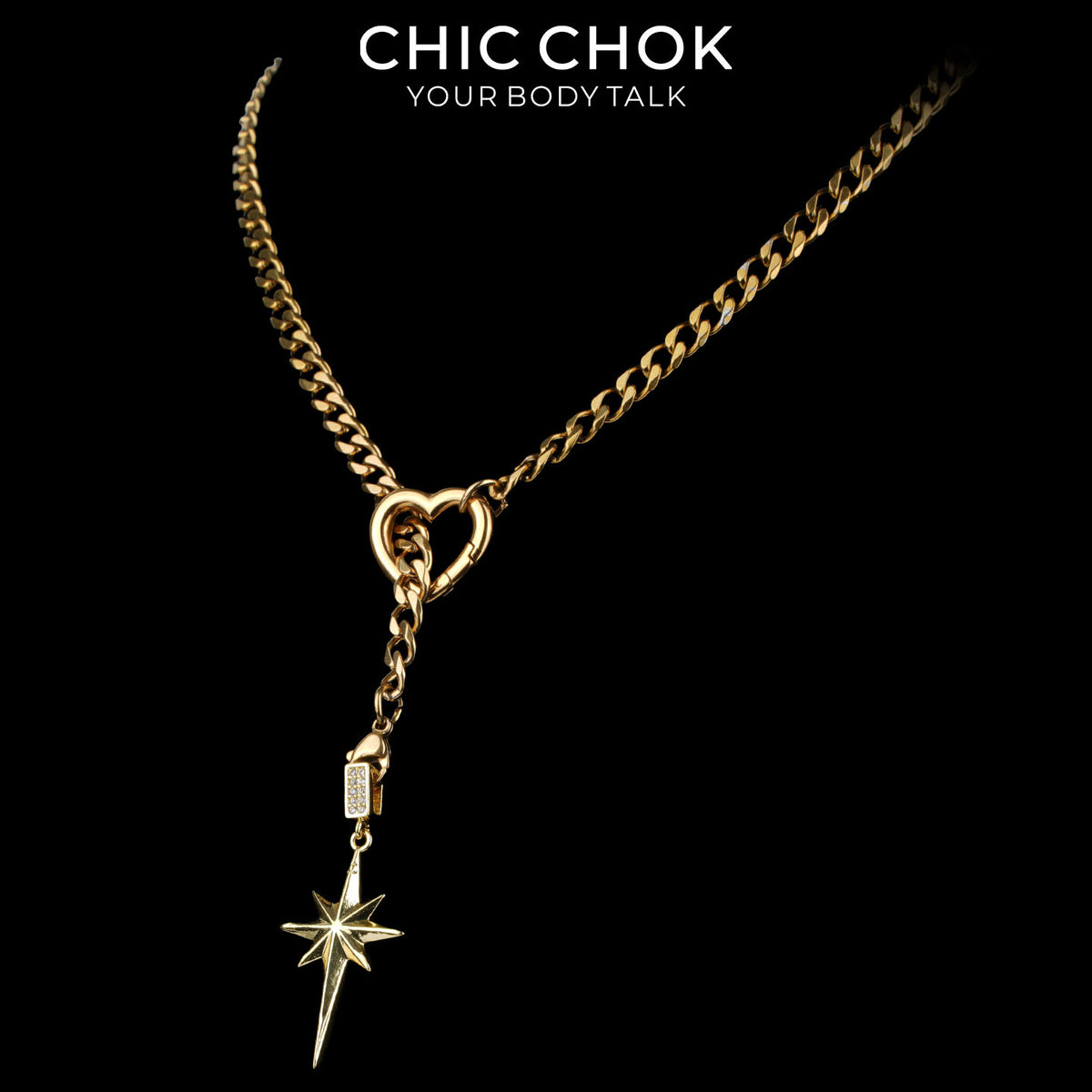 Kalung Y-Lariat Bintang Emas CHICCHOK | Rantai Kuba Baja Tahan Karat Berlapis Emas 18K | Perhiasan Coquette Liontin Hati Emas Hancur Bertekstur Antik