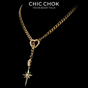 CHICCHOK Gilded Star Haven Y-Lariat Necklace | 18K Gold Plated Stainless Steel Cuban Chain | Vintage Textured Crushed Gold Heart Pendant Coquette Jewelry