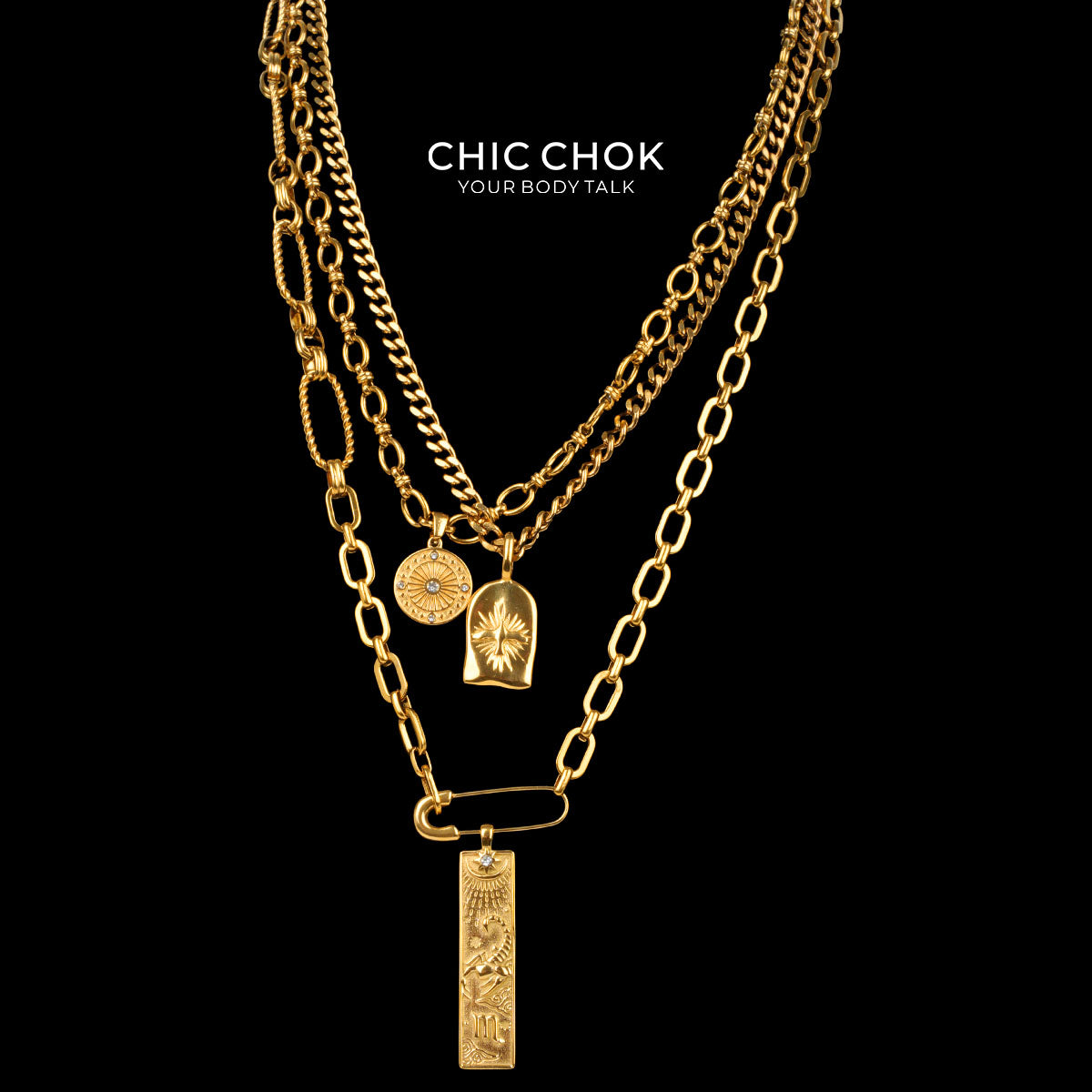 Collana a strati Capricorno con medaglia a stella e catena in oro CHICCHOK | Catena cubana vintage a 3 livelli | Tarocchi, moneta zodiacale e ciondolo a stella in rilievo, gioielli astrologici