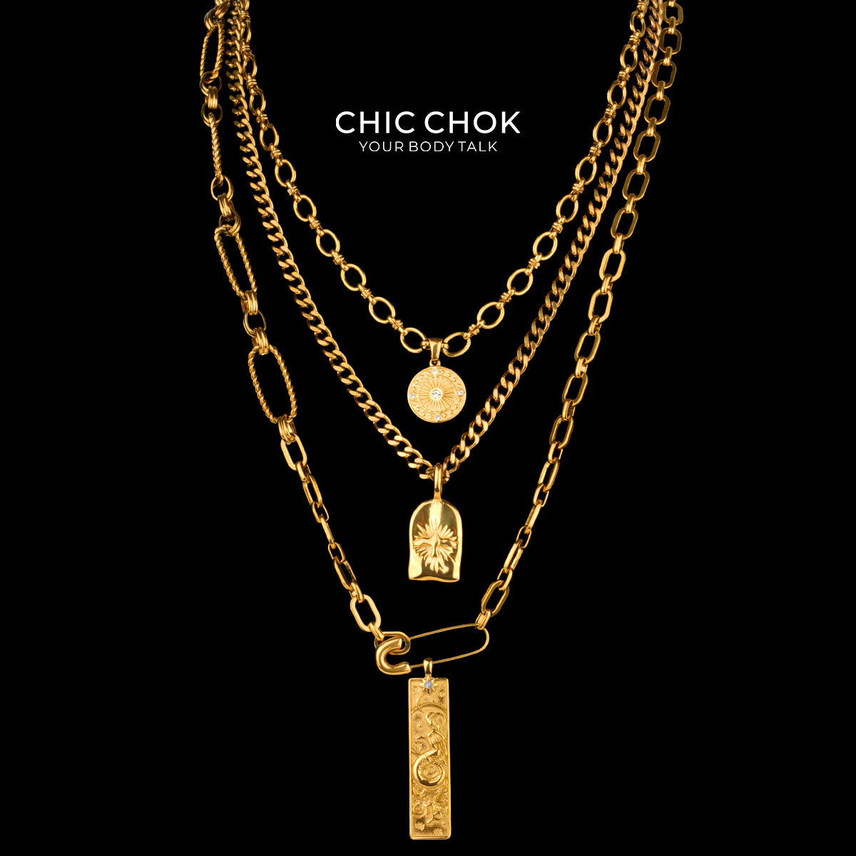 CHICCHOK Collar en capas con medalla de estrella y cadena de oro Capricornio | Cadena cubana vintage de 3 niveles | Moneda del Zodíaco del Tarot y colgante en relieve de estrella, joyería de astrología