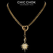 CHICCHOK Gilded Star Haven Y-Lariat Necklace | 18K Gold Plated Stainless Steel Cuban Chain | Vintage Textured Crushed Gold Heart Pendant Coquette Jewelry