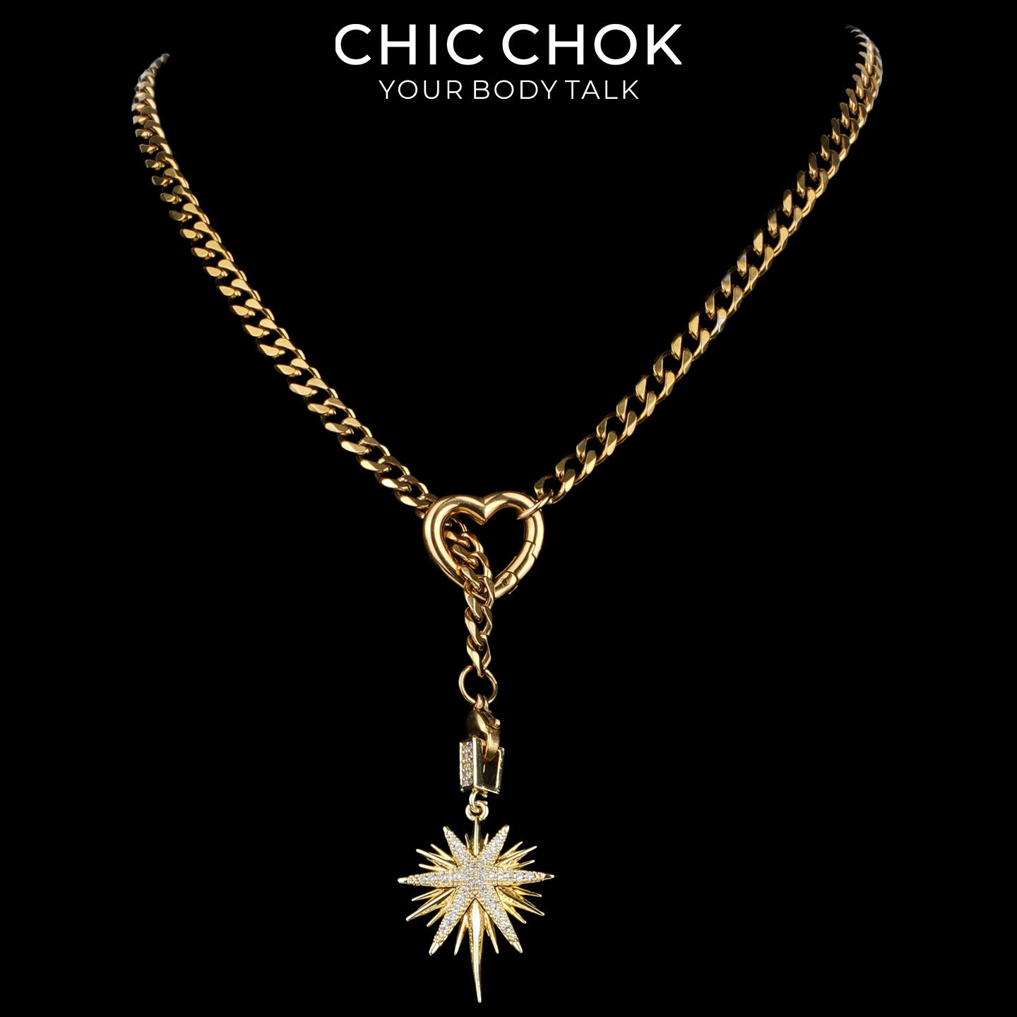 Kalung Y-Lariat Bintang Emas CHICCHOK | Rantai Kuba Baja Tahan Karat Berlapis Emas 18K | Perhiasan Coquette Liontin Hati Emas Hancur Bertekstur Antik