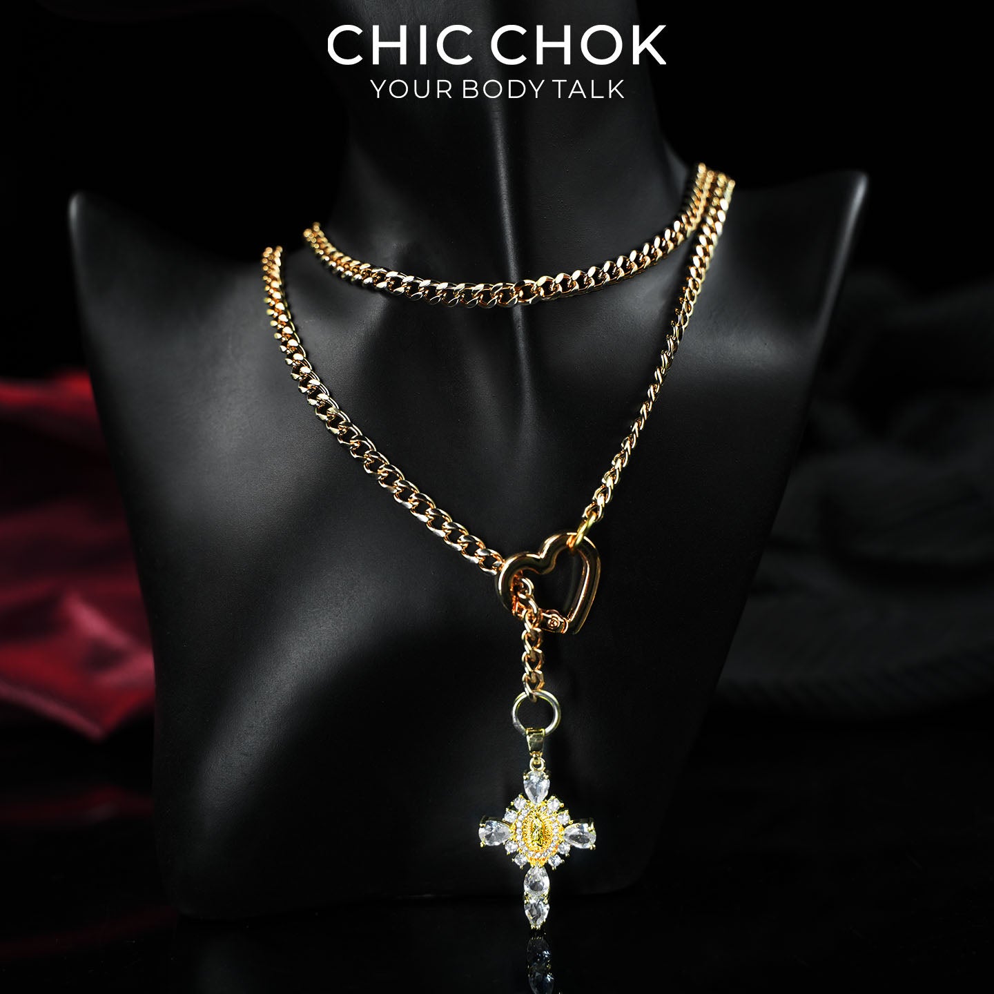 CHICCHOK Sacred Heart Emerald Shadow Y-Lariat Necklace | Gold Plated Baroque Cross Choker | Luxury Zircon Gothic Body Jewelry