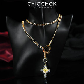 CHICCHOK Sacred Heart Emerald Shadow Y-Lariat Necklace | Gold Plated Baroque Cross Choker | Luxury Zircon Gothic Body Jewelry