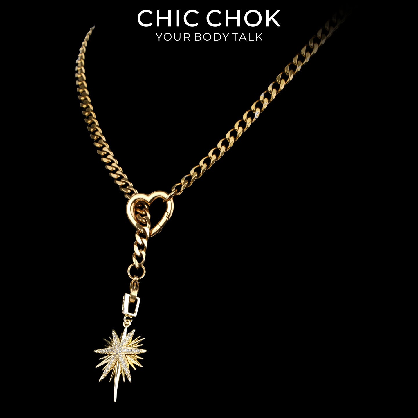 Kalung Y-Lariat Bintang Emas CHICCHOK | Rantai Kuba Baja Tahan Karat Berlapis Emas 18K | Perhiasan Coquette Liontin Hati Emas Hancur Bertekstur Antik