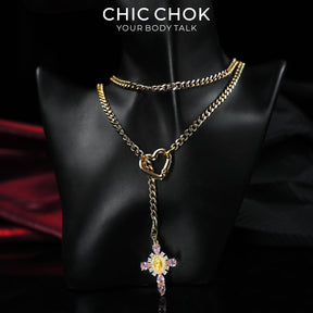 CHICCHOK Sacred Heart Emerald Shadow Y-Lariat Necklace | Gold Plated Baroque Cross Choker | Luxury Zircon Gothic Body Jewelry