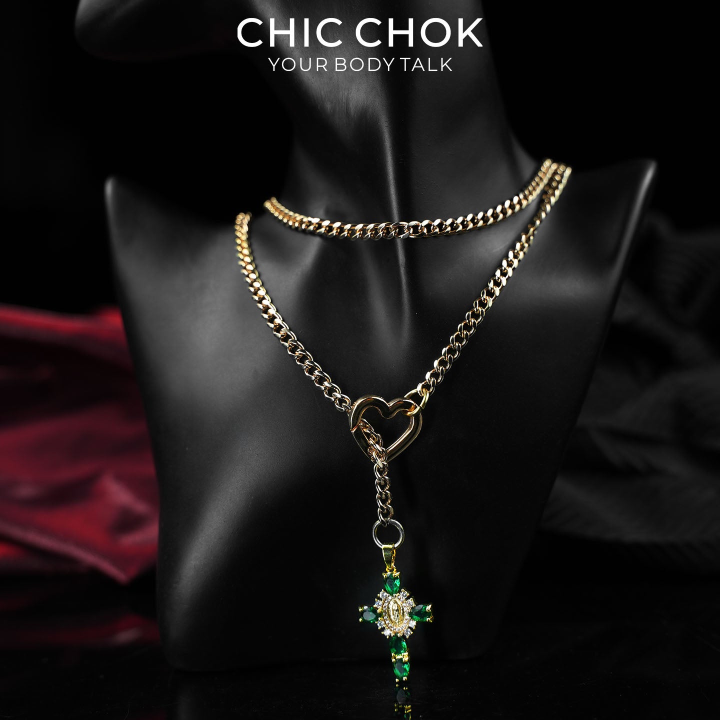 CHICCHOK Sacred Heart Emerald Shadow Y-Lariat Necklace | Gold Plated Baroque Cross Choker | Luxury Zircon Gothic Body Jewelry