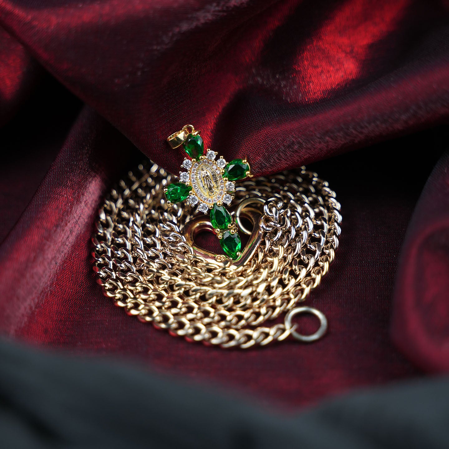CHICCHOK Sacred Heart Emerald Shadow Y-Lariat Necklace | Gold Plated Baroque Cross Choker | Luxury Zircon Gothic Body Jewelry
