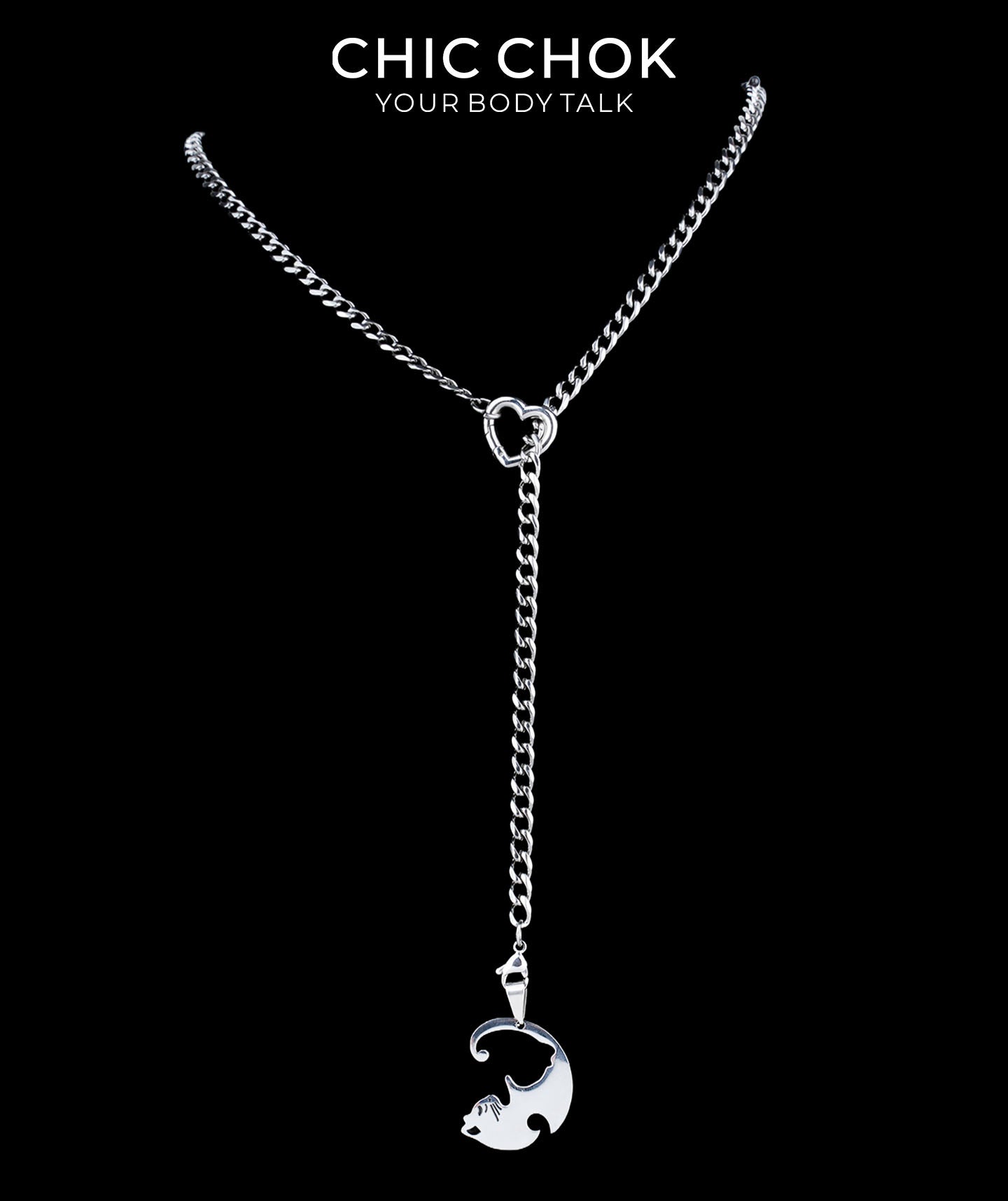CHICCHOK Sweet Punk Y-Lariat Chain Necklace | Y2K Cute Coquette Heart Charm Collar | Harajuku Kawaii Stainless Steel Cuban Link Jewelry for Sensitive Skin