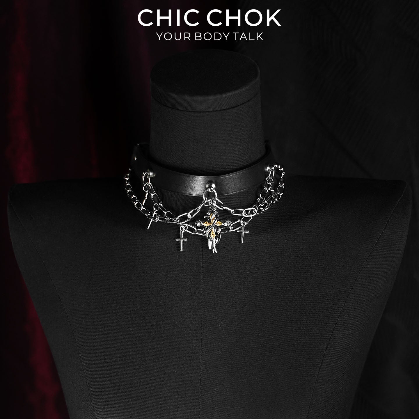 CHICCHOK Stigmata Echo Genuine Leather Choker | Gothic Cross Fringe Collar | Luxury Baroque Subversive Body Armor