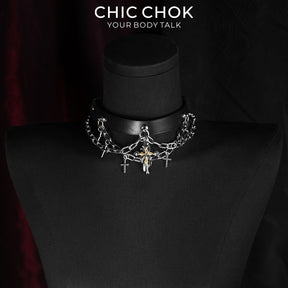 CHICCHOK Stigmata Echo Genuine Leather Choker | Gothic Cross Fringe Collar | Luxury Baroque Subversive Body Armor