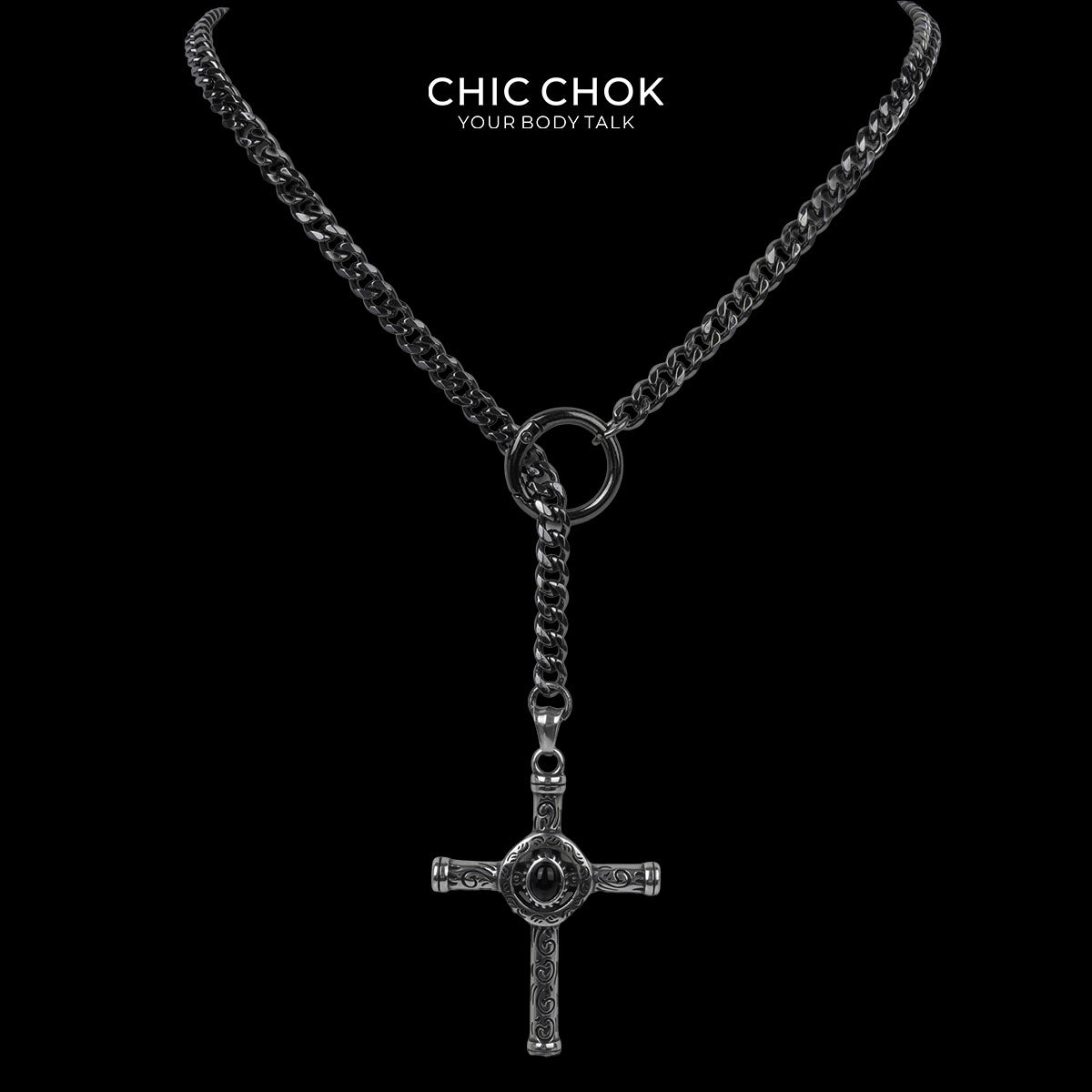 Collar de lazo en Y CHICCHOK Ojo Sombrío con crucifijo | Cadena cubana de acero inoxidable | Joyería ocultista con colgante de cruz gótica vintage de aleación de zinc