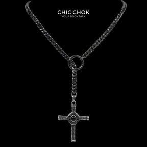 CHICCHOK Gloom Eye Crucifix Y-Lariat Necklace | Stainless Steel Cuban Link Chain | Gothic Vintage Zinc Alloy Cross Pendant Occult Jewelry