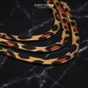 CHICCHOK Night Leopard 6mm Herringbone Chain | Stainless Steel Animal Print Flat Snake Necklace | Dark Luxury Avant-Garde Jewelry