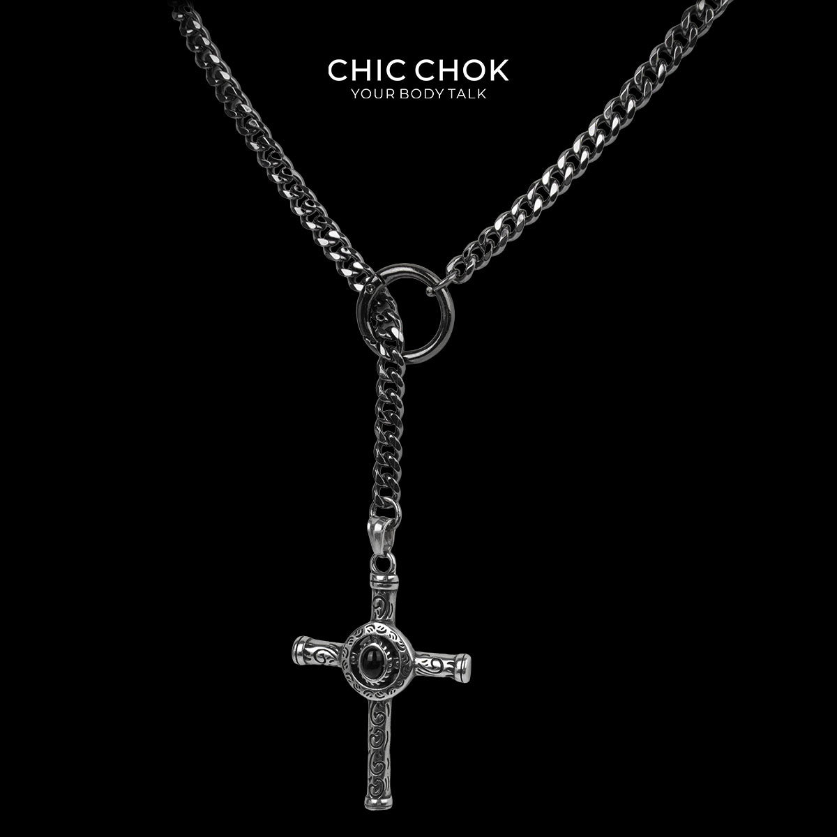 Kalung Lariat Y Salib CHICCHOK Gloom Eye | Rantai Kuba Baja Tahan Karat | Perhiasan Okultis Gotik Antik dengan Liontin Salib Campuran Seng
