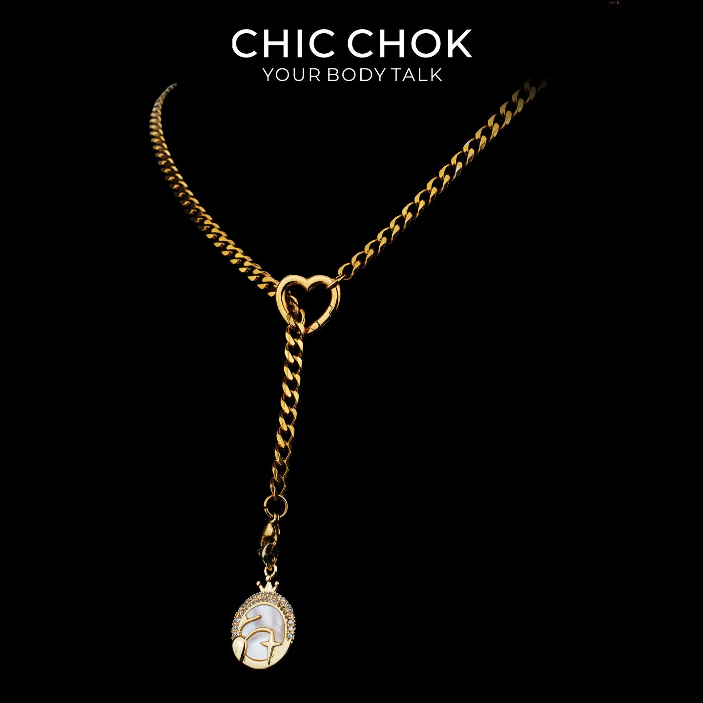 Collier cravate en Y Whispering Selene CHICCHOK | Chaîne dorée à maillons cubains en acier inoxydable avec cœur | Pendentif lune astrologique en nacre et strass décliné en 12 signes du zodiaque