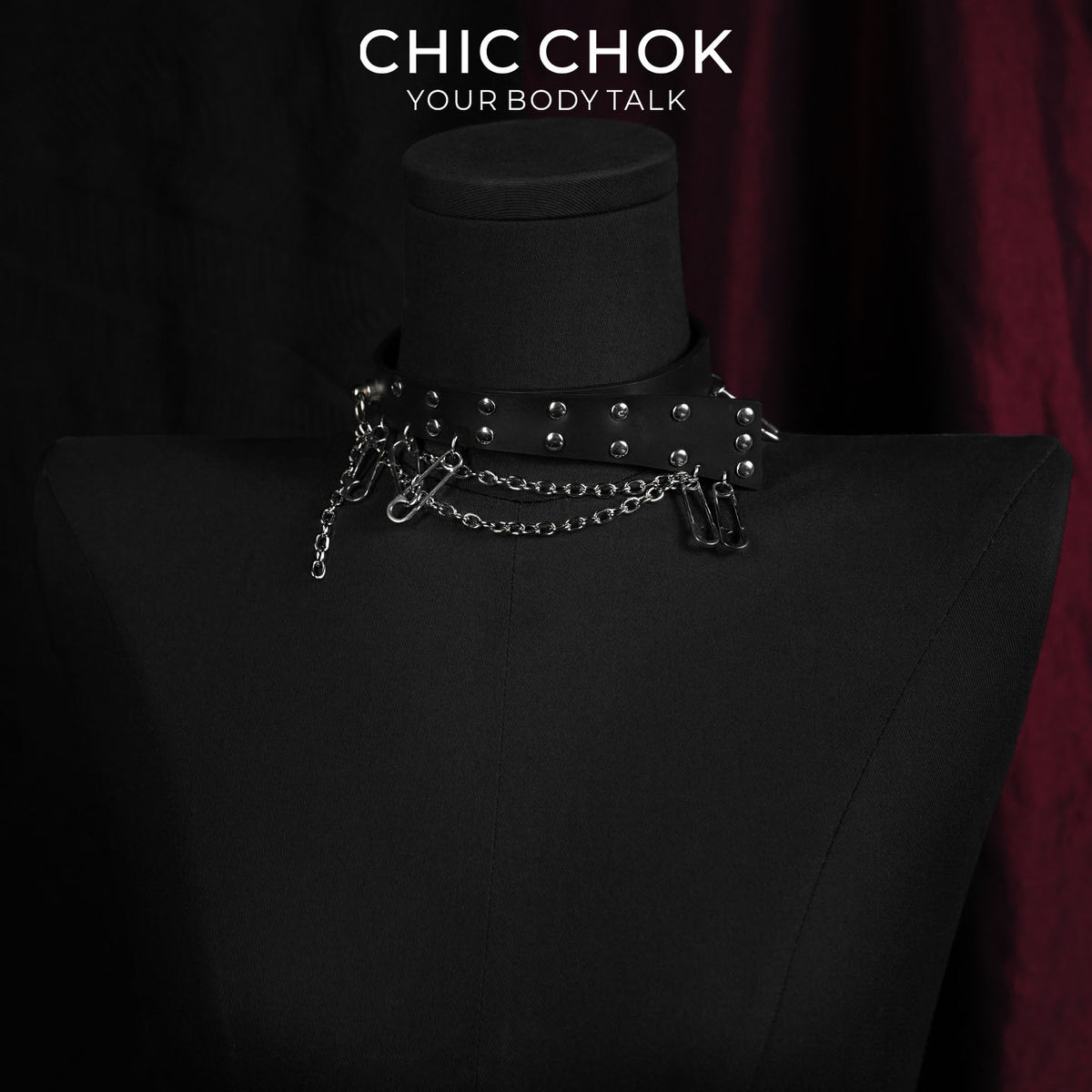 CHICCHOK Fractured Chain Pin | Genuine Leather Safety Pin Choker | Punk Grunge Collar