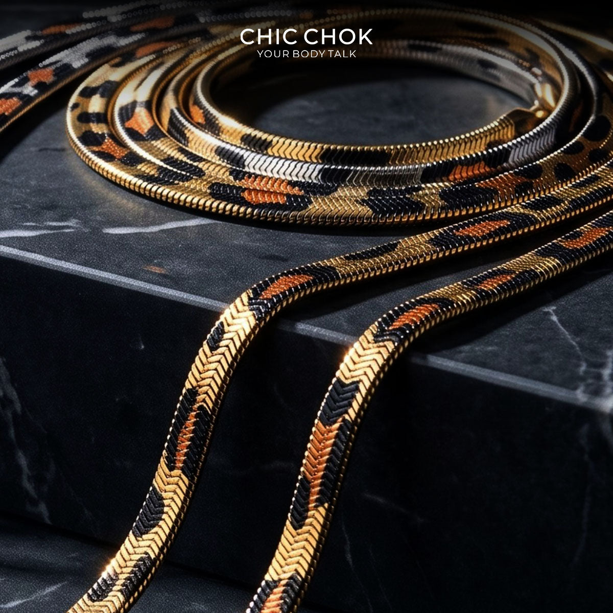 CHICCHOK Night Leopard 6mm Herringbone Chain | Stainless Steel Animal Print Flat Snake Necklace | Dark Luxury Avant-Garde Jewelry