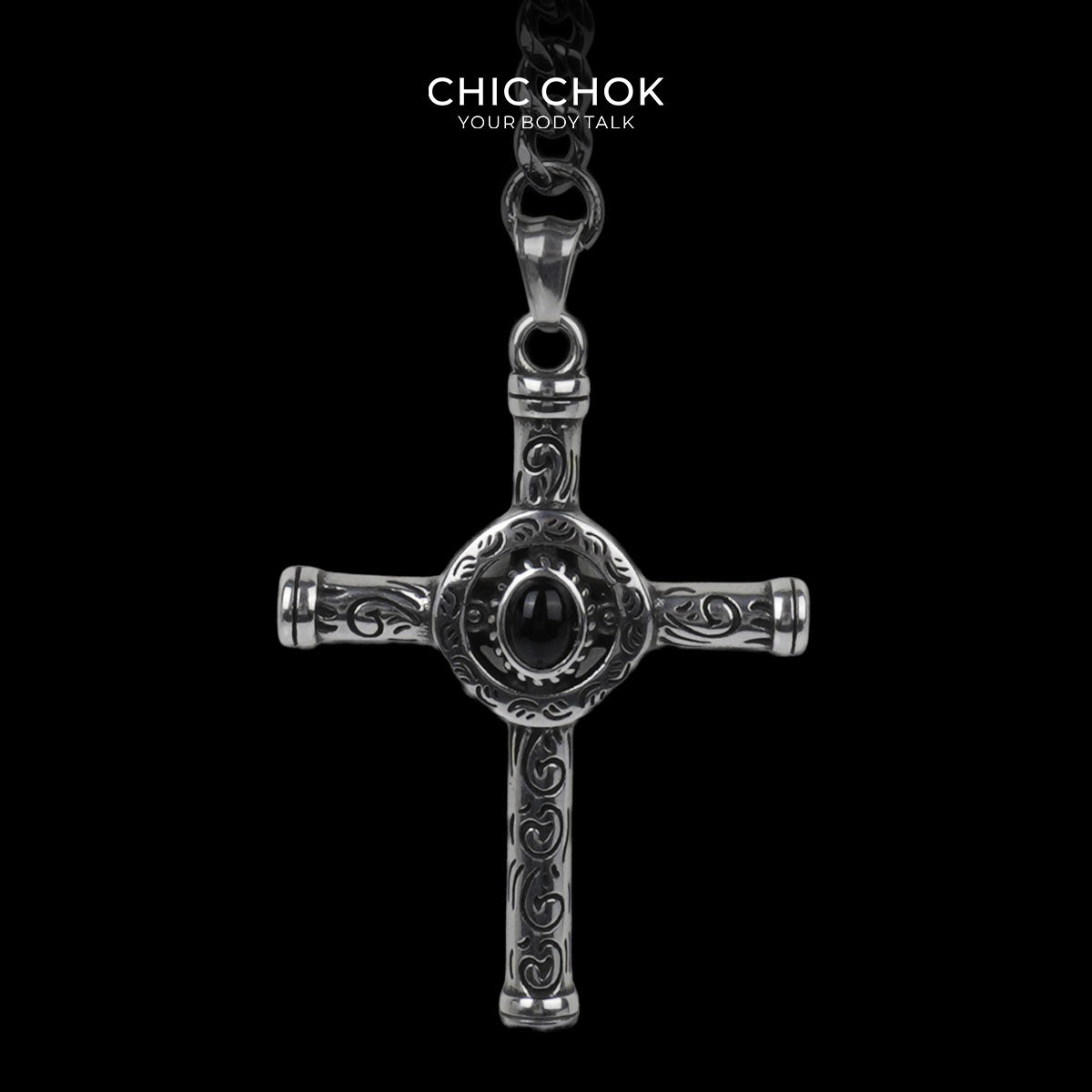 Kalung Lariat Y Salib CHICCHOK Gloom Eye | Rantai Kuba Baja Tahan Karat | Perhiasan Okultis Gotik Antik dengan Liontin Salib Campuran Seng