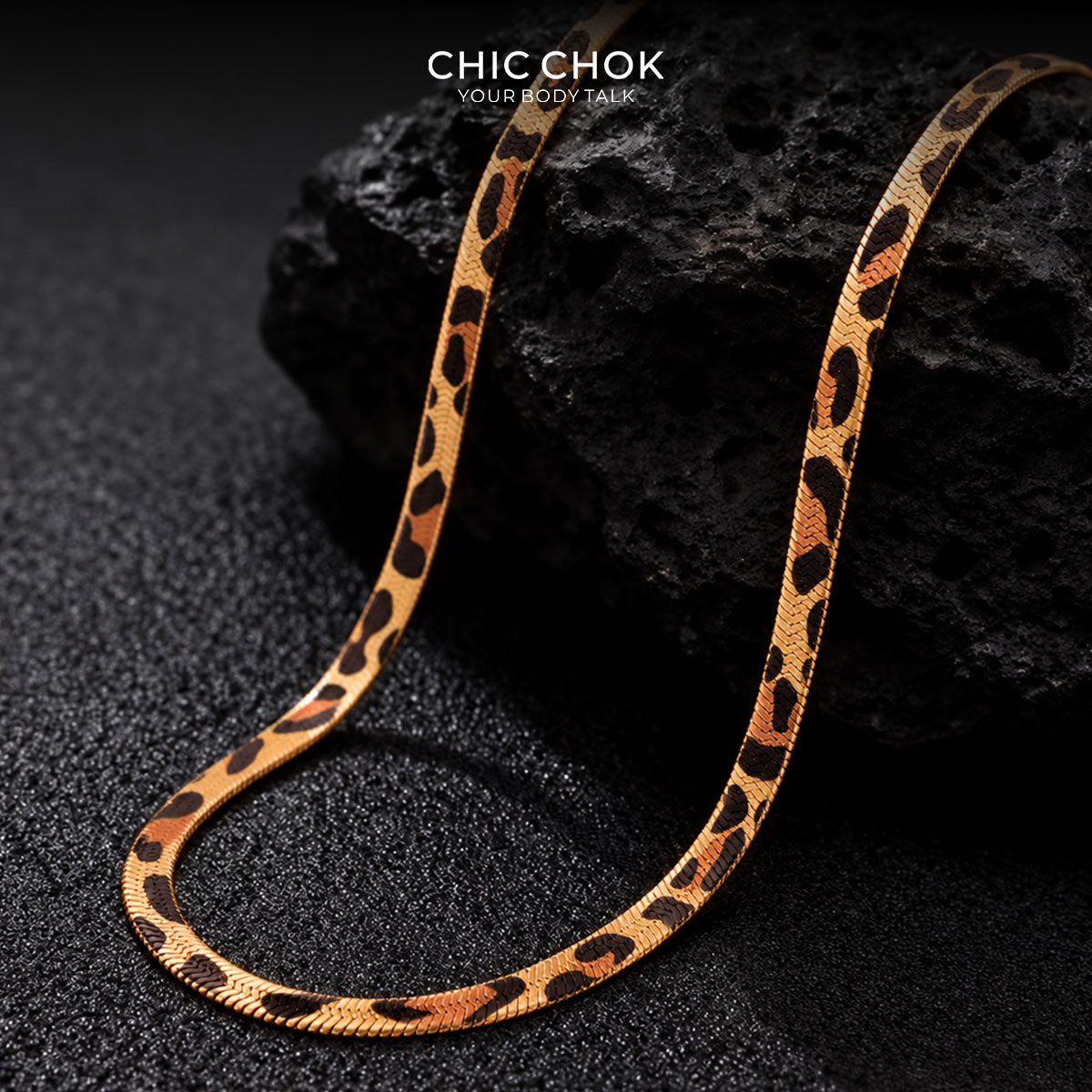 CHICCHOK Night Leopard 6mm Herringbone Chain | Stainless Steel Animal Print Flat Snake Necklace | Dark Luxury Avant-Garde Jewelry