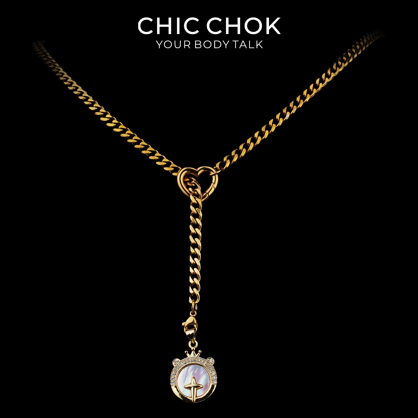 Collier cravate en Y Whispering Selene CHICCHOK | Chaîne dorée à maillons cubains en acier inoxydable avec cœur | Pendentif lune astrologique en nacre et strass décliné en 12 signes du zodiaque