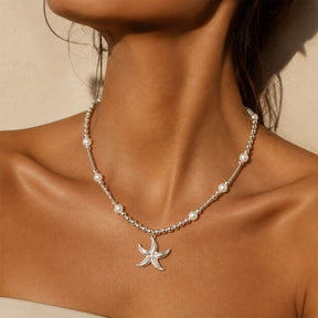 CHICCHOK Abyssal Star Catcher Necklace | Stainless Steel & Pearl Mixed Beaded Chain | Y2K Subversive Mermaidcore Starfish Pendant Jewelry