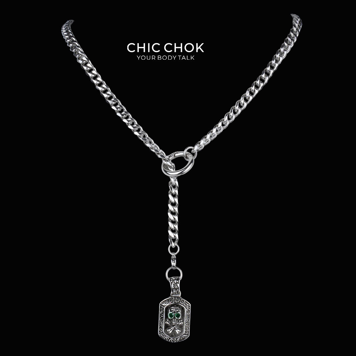 CHICCHOK Subversive Y-Lariat Chain Necklace | Gothic Stainless Steel Cuban Link Collar