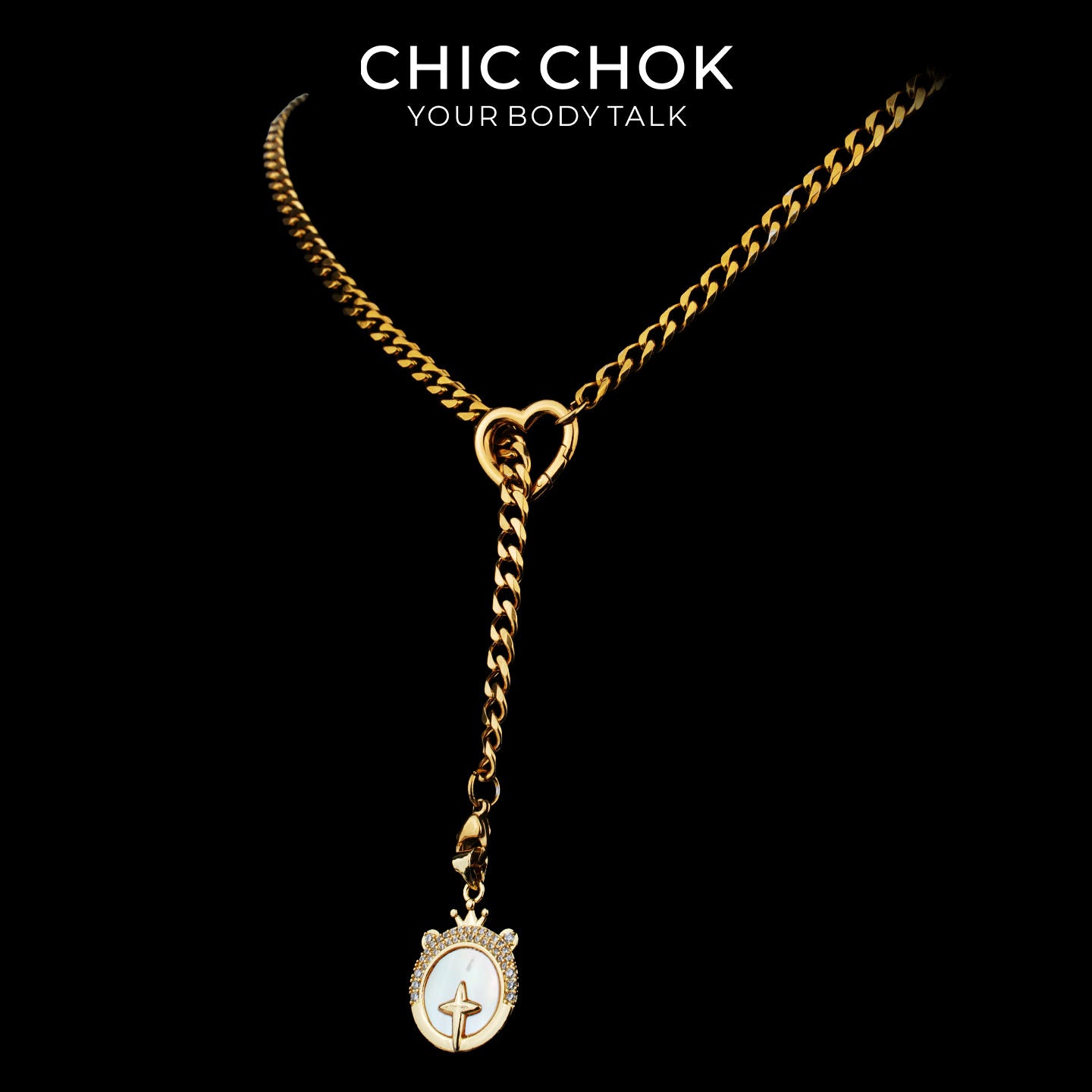 Collier cravate en Y Whispering Selene CHICCHOK | Chaîne dorée à maillons cubains en acier inoxydable avec cœur | Pendentif lune astrologique en nacre et strass décliné en 12 signes du zodiaque