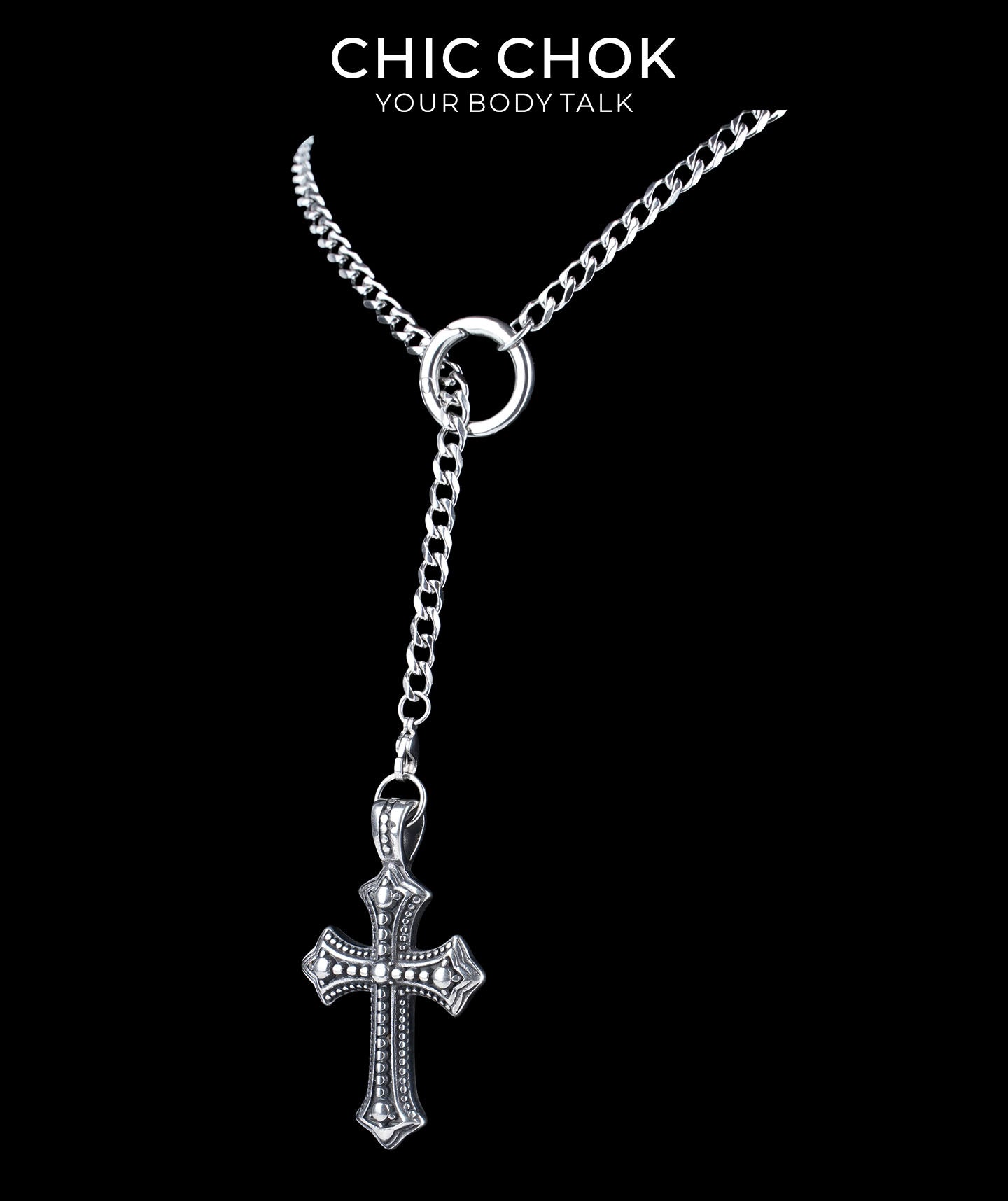 CHICCHOK Subversive Y-Lariat Chain Necklace | Gothic Stainless Steel Cuban Link Collar
