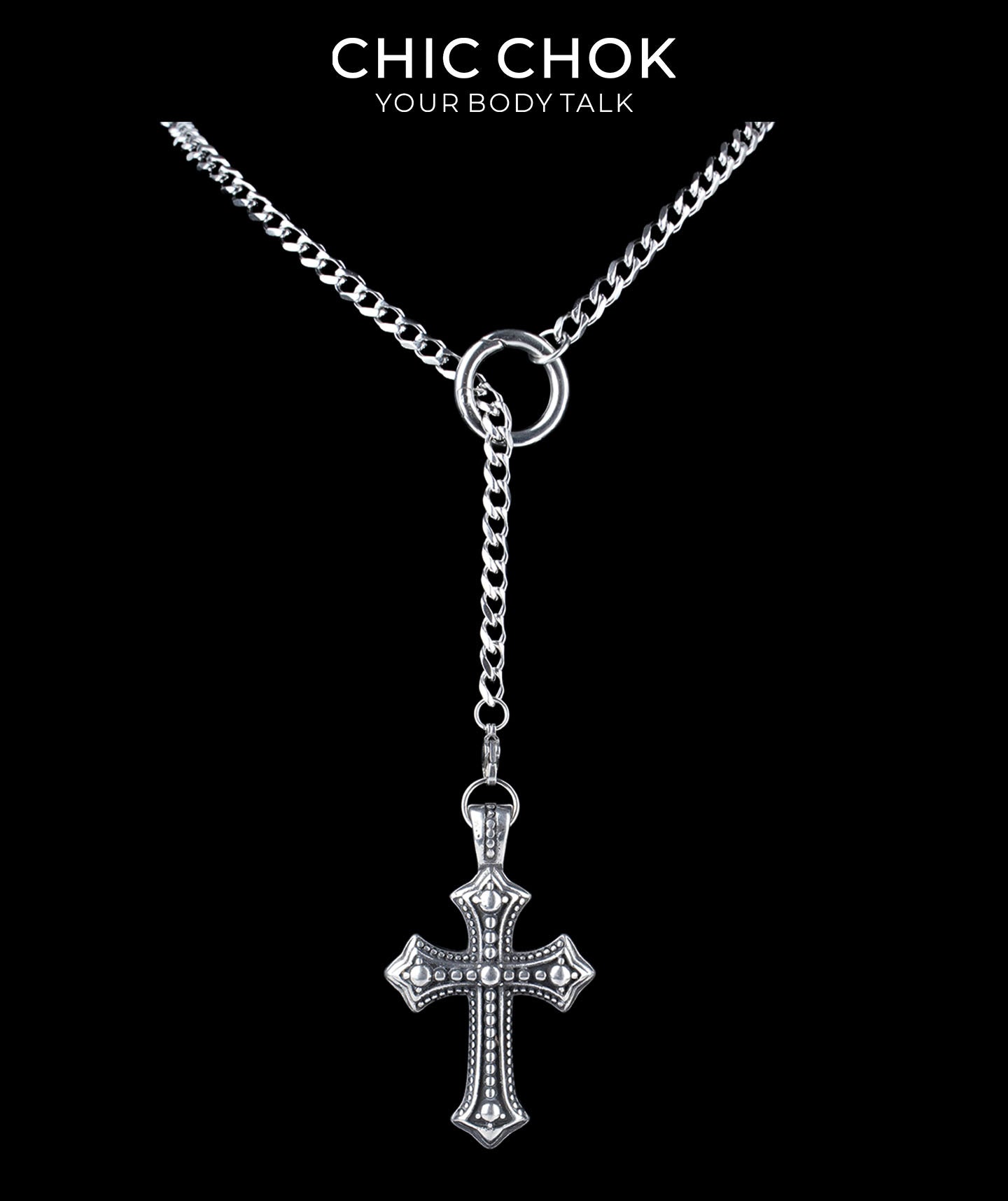 CHICCHOK Subversive Y-Lariat Chain Necklace | Gothic Stainless Steel Cuban Link Collar
