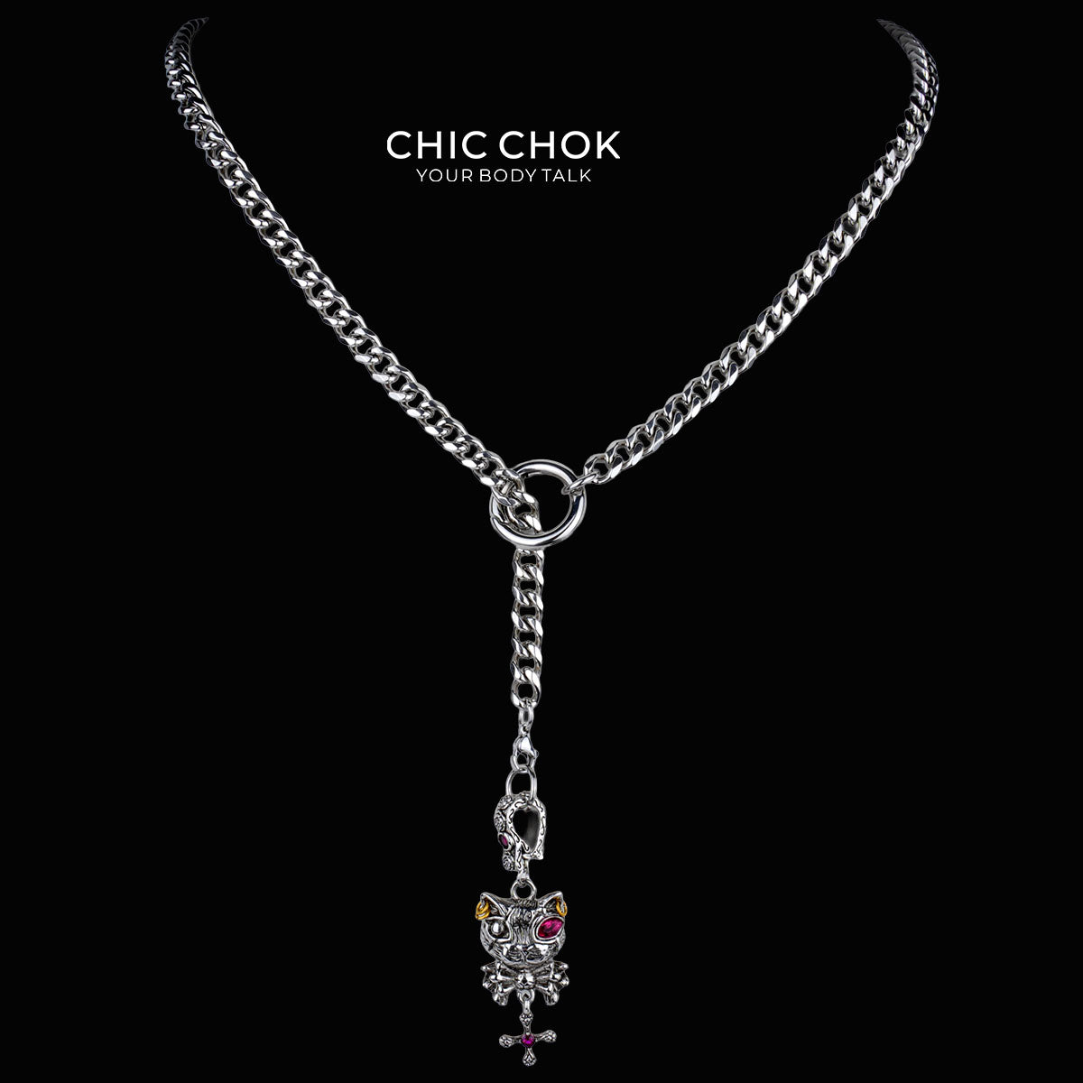 Collar de cadena CHICCHOK con lazo en Y transgresor | Collar gótico de eslabones cubanos de acero inoxidable