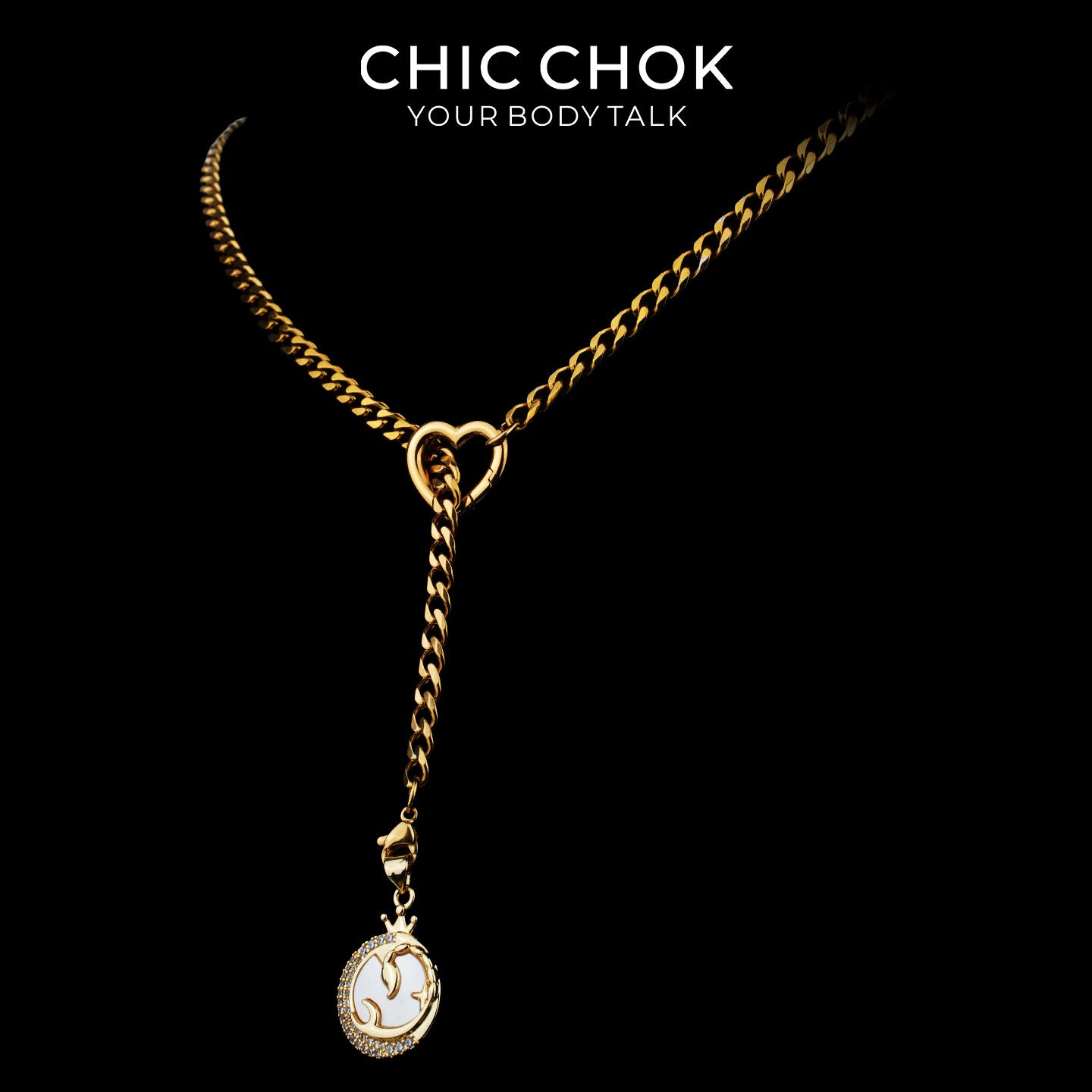 Collier cravate en Y Whispering Selene CHICCHOK | Chaîne dorée à maillons cubains en acier inoxydable avec cœur | Pendentif lune astrologique en nacre et strass décliné en 12 signes du zodiaque