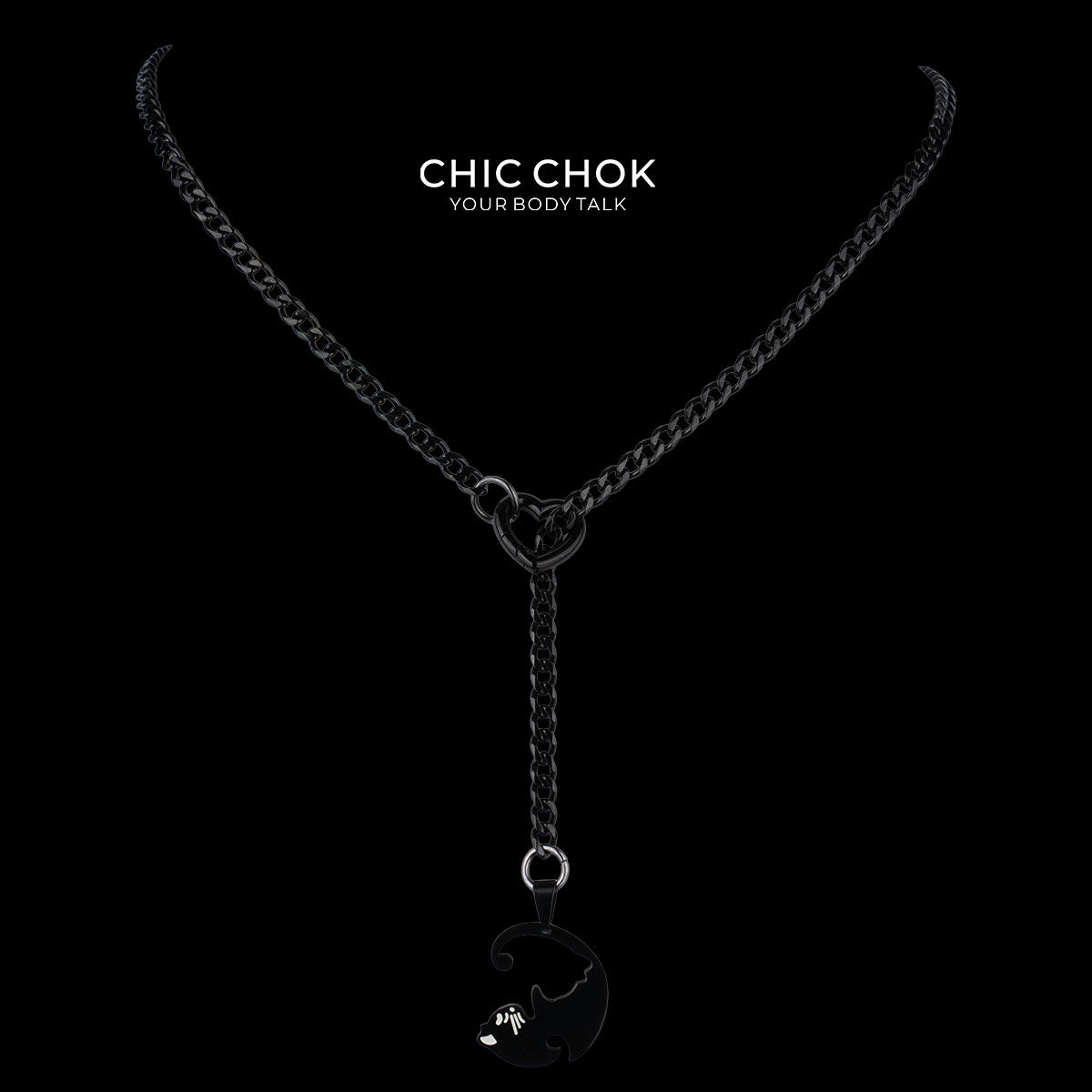 CHICCHOK "Nightbound Sequence" Black Stainless Steel Y-Necklace | Gothic Heart Carabiner & Multi-Pendant Drop Chain | Dark Grunge Y2K Streetwear Jewelry