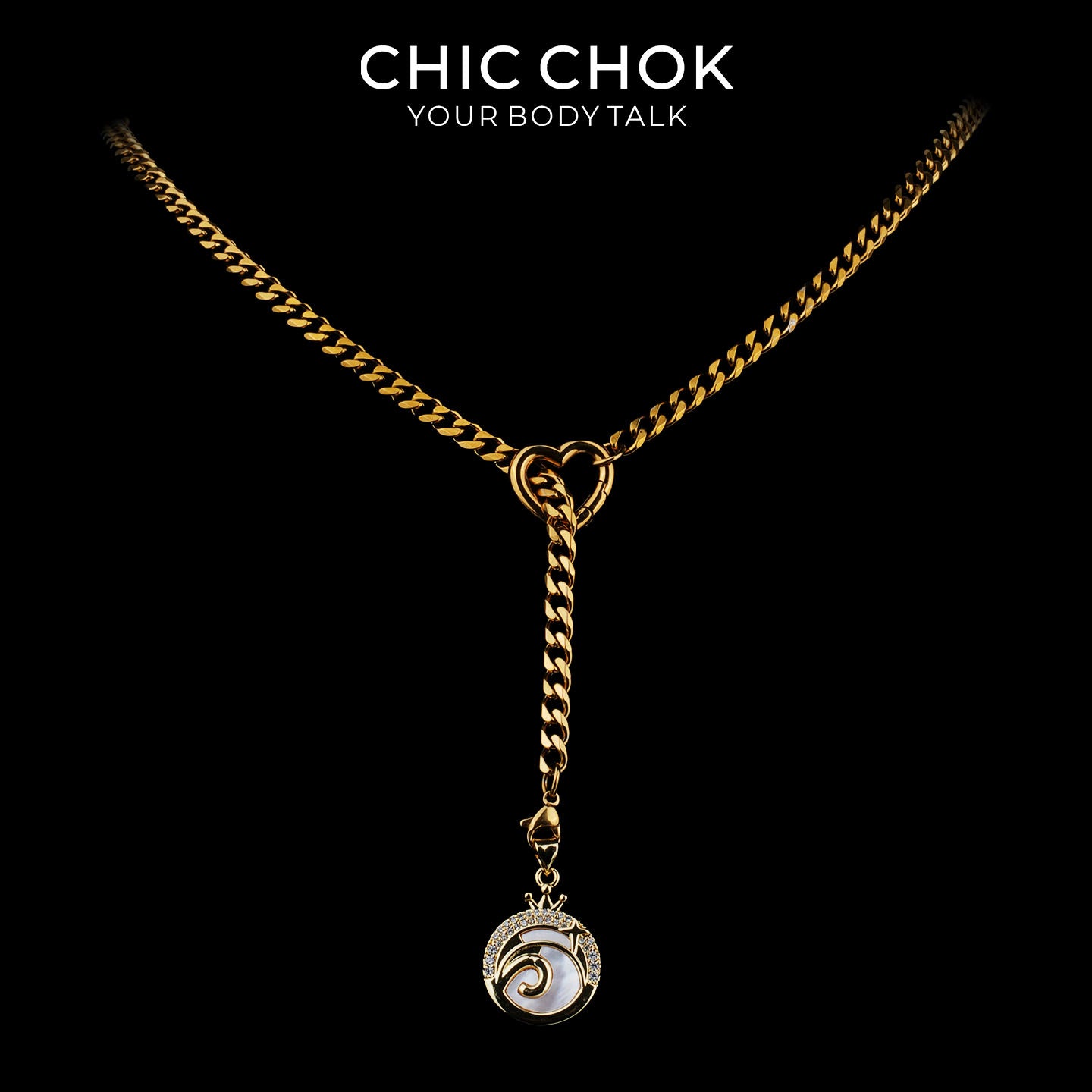 Collier cravate en Y Whispering Selene CHICCHOK | Chaîne dorée à maillons cubains en acier inoxydable avec cœur | Pendentif lune astrologique en nacre et strass décliné en 12 signes du zodiaque