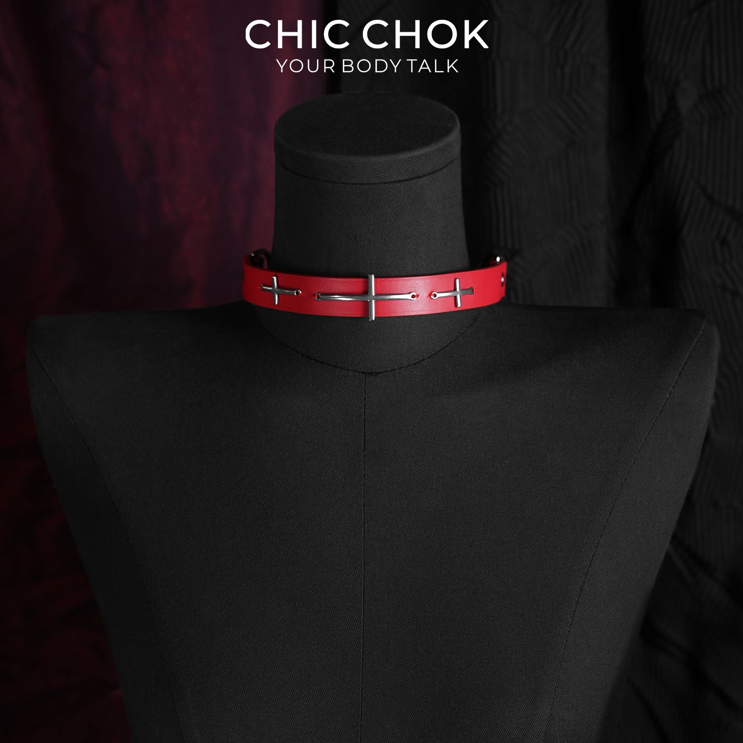 CHICCHOK Sacred Path Red Covenant Genuine Leather Choker | Gothic Silver Cross Pendant Collar | Luxury Red & Silver Subversive Punk Bondage Jewelry
