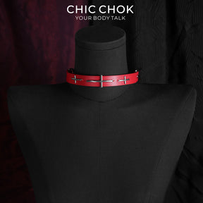 CHICCHOK Sacred Path Red Covenant Genuine Leather Choker | Gothic Silver Cross Pendant Collar | Luxury Red & Silver Subversive Punk Bondage Jewelry