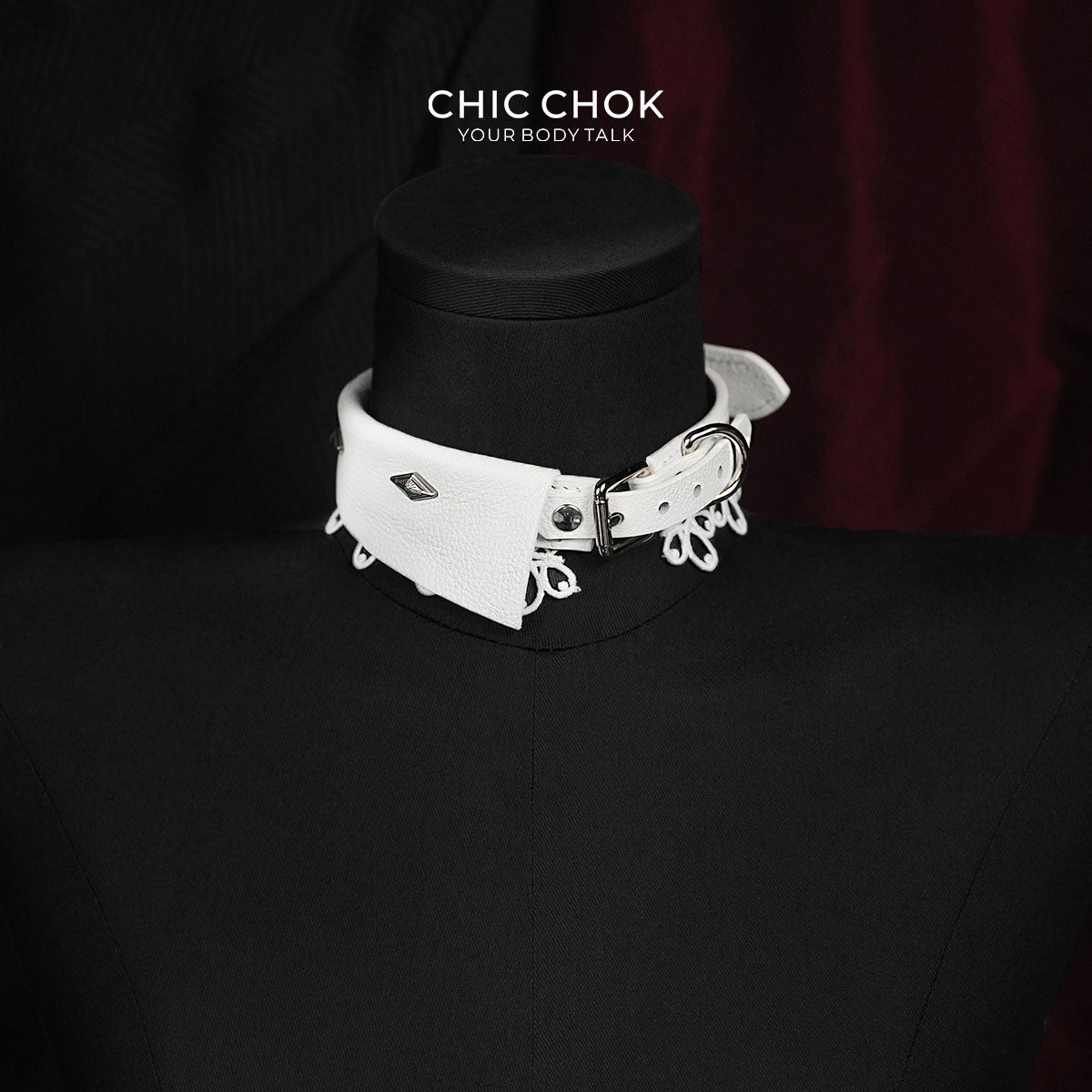 CHICCHOK Sanctuary of Chaos | White Leather Lace Choker | Gothic D-Ring Collar