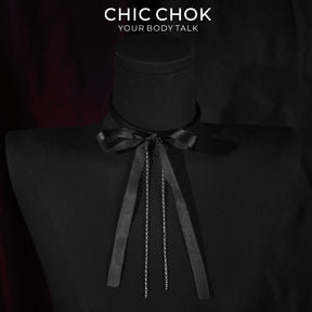 CHICCHOK Satin Shadow Genuine Leather Choker | Gothic Ribbon Bowknot Necklace | Balletcore Quiet Luxury Black Silk Tassel Collar Alternative Jewelry