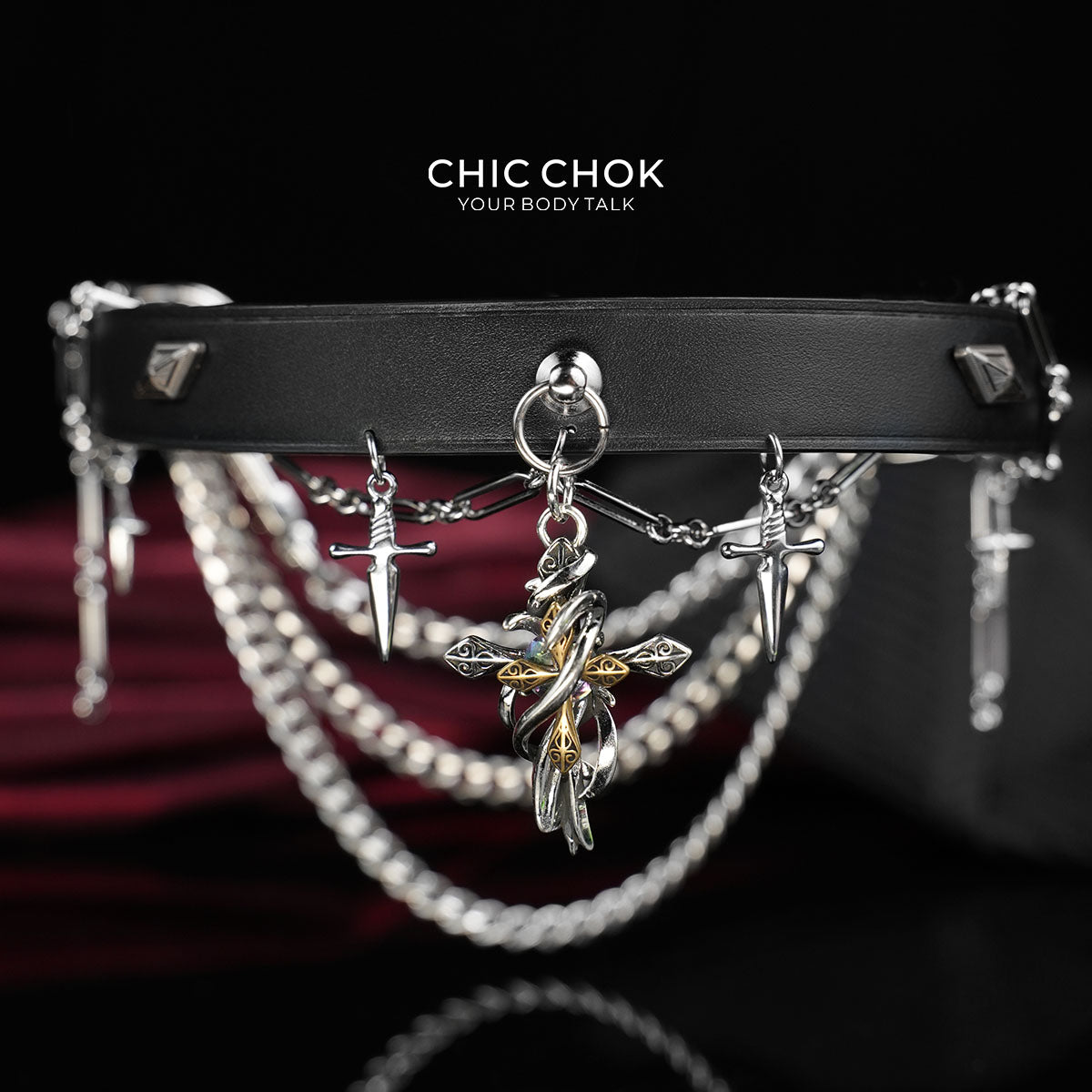Gargantilla CHICCHOK Cloister Sunset de cuero genuino | Collar con dije de cruz gótica de espinas | Joyería techwear subversiva de lujo barroco con dagas