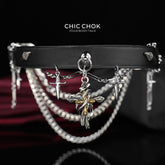 Ras-de-cou en cuir véritable CHICCHOK Cloister Sunset | Collier pendentif croix gothique à épines | Bijou techwear subversif luxe baroque avec dagues