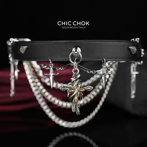 Ras-de-cou en cuir véritable CHICCHOK Cloister Sunset | Collier pendentif croix gothique à épines | Bijou techwear subversif luxe baroque avec dagues