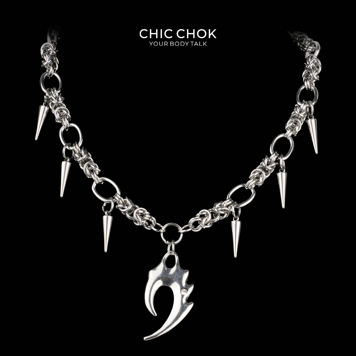 CHICCHOK Riven Wind Claw Necklace | Stainless Steel Spike Chainmail Collar | Cyberpunk Neo-Tribal Hook Pendant Grunge Jewelry