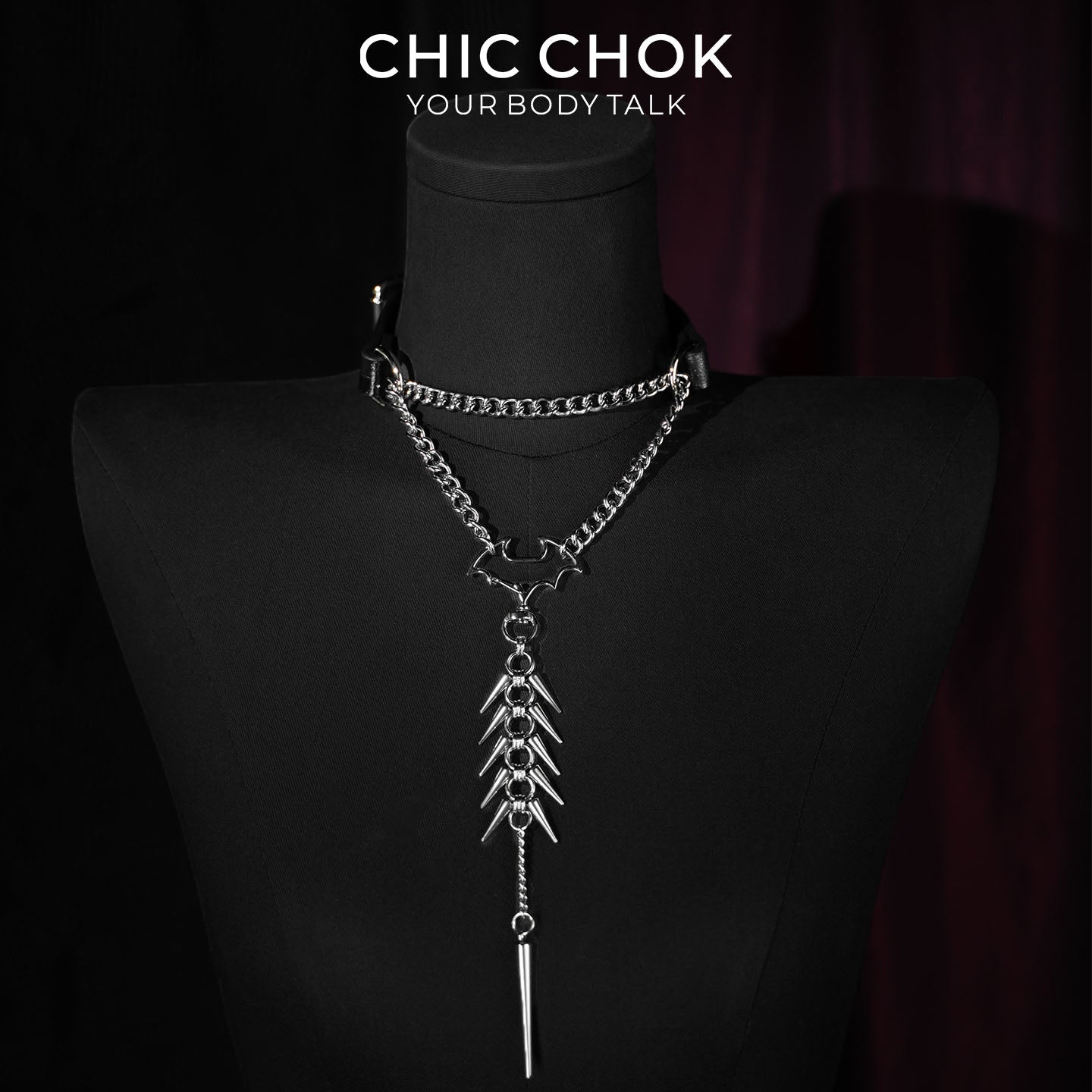 CHICCHOK Nightshade Thorns Leather Choker | Gothic Genuine Leather Bat Wing Collar | Subversive Y2K Industrial Zinc Alloy Spine Spike Tassel Body Armor