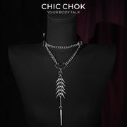 CHICCHOK Nightshade Thorns Leather Choker | Gothic Genuine Leather Bat Wing Collar | Subversive Y2K Industrial Zinc Alloy Spine Spike Tassel Body Armor