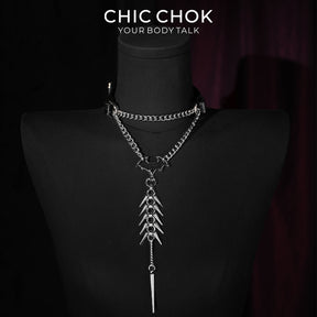 CHICCHOK Nightshade Thorns Leather Choker | Gothic Genuine Leather Bat Wing Collar | Subversive Y2K Industrial Zinc Alloy Spine Spike Tassel Body Armor