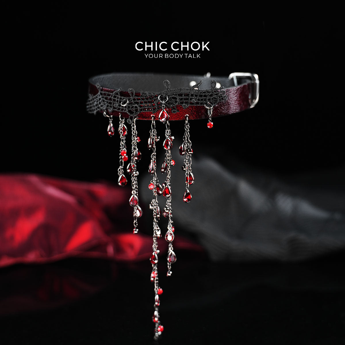CHICCHOK "Scarlet Aria" Vampire Lace Choker | Genuine Leather & Crystal Teardrop Collar | Dark Gothic Theatrical Neckwear
